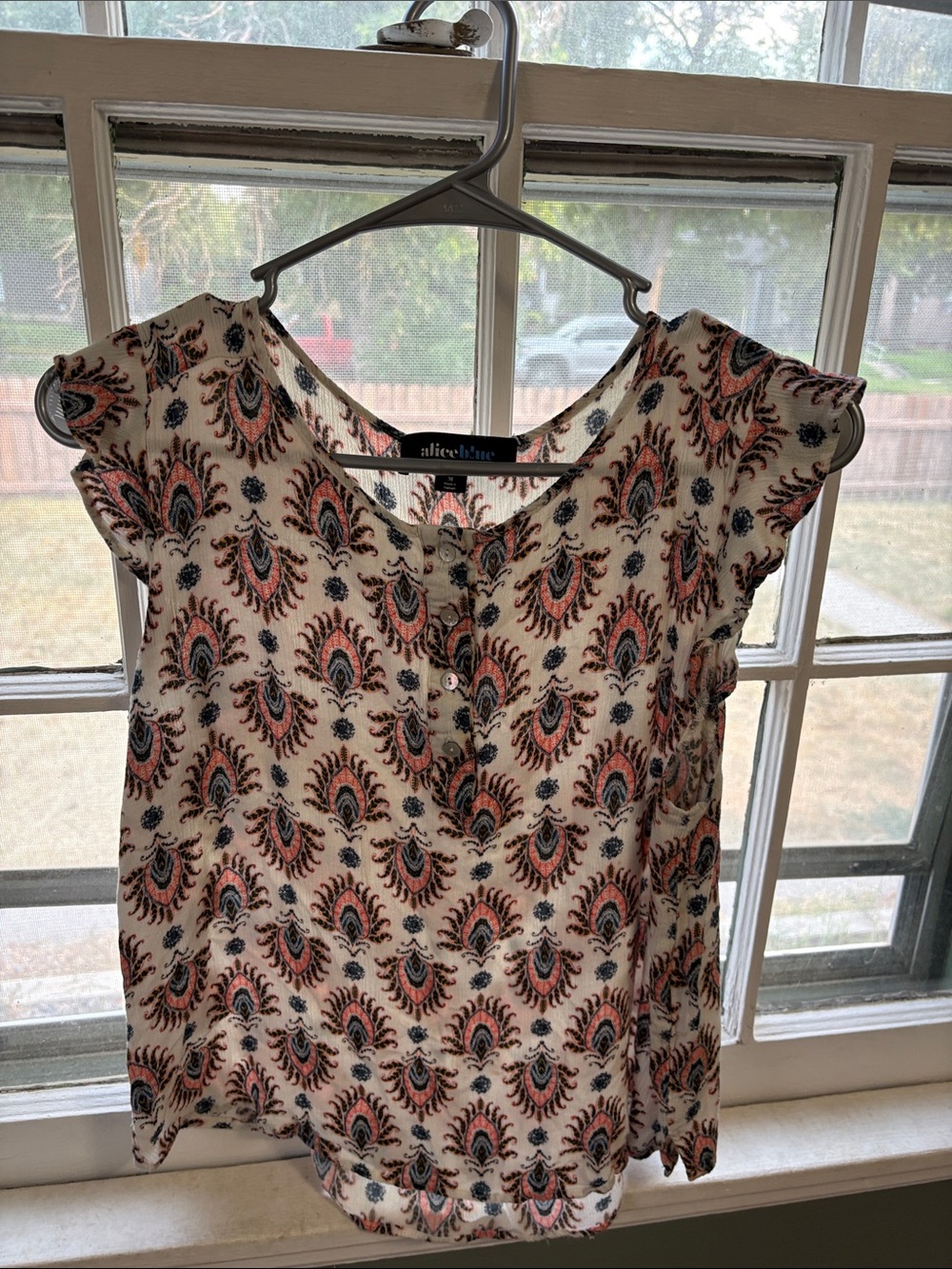 Alice Blue Cream Blouse with Coral and Navy Paisley Print